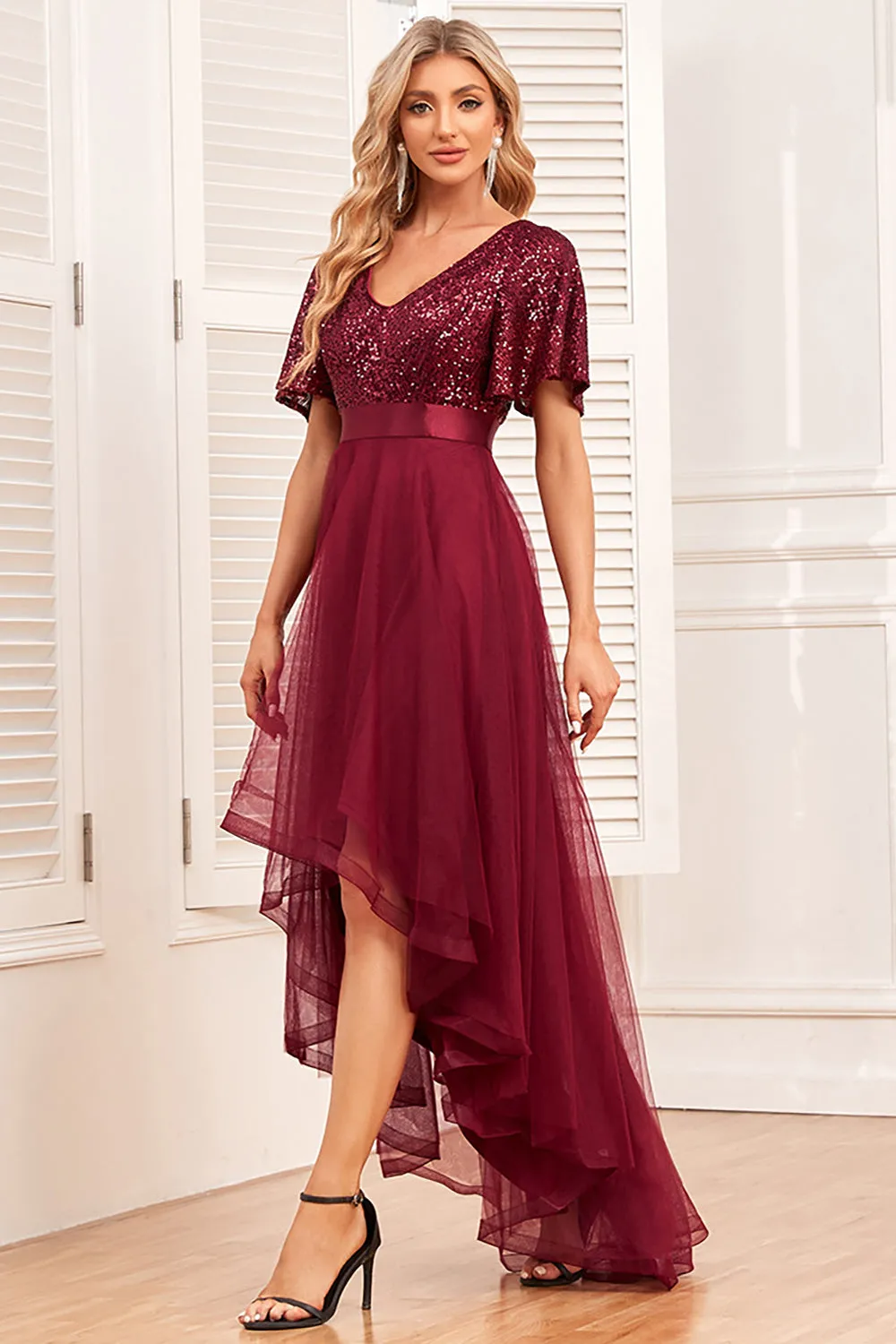 Burgundy A-Line V Neck Short Sleeves High Low Prom Dress sold by Zapaka product image thumbnail 5