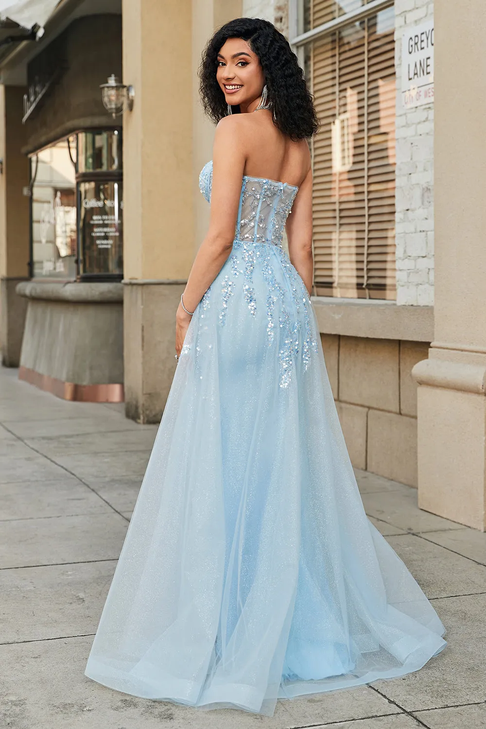 Charming A Line Sweetheart Blue Corset Beaded Long Prom Dress with Slit sold by Zapaka product image thumbnail 2