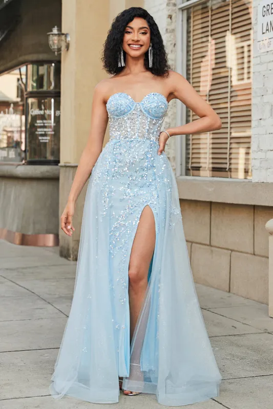 Charming A Line Sweetheart Blue Corset Prom Dress with Beading Slit sold by Zapaka