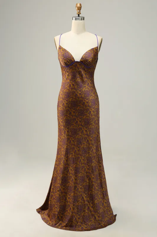 Flower Printed Brown Long Bridesmaid Dress sold by Zapaka