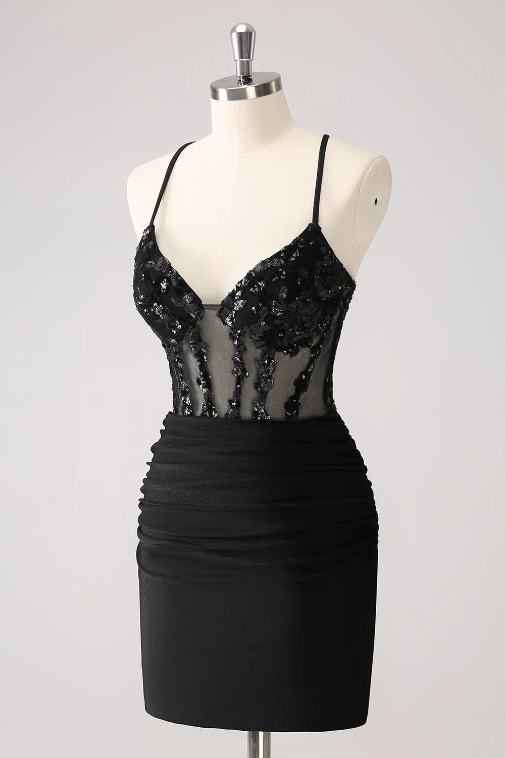 Sparkly Black Bodycon Spaghetti Corset Short Homecoming Dress with Lace Up Back sold by Zapaka product image thumbnail 3