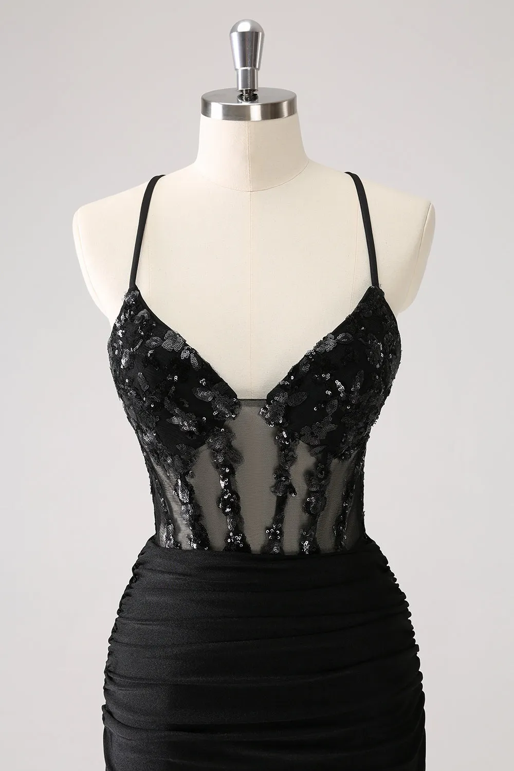 Sparkly Black Bodycon Spaghetti Corset Short Homecoming Dress with Lace Up Back sold by Zapaka product image thumbnail 4