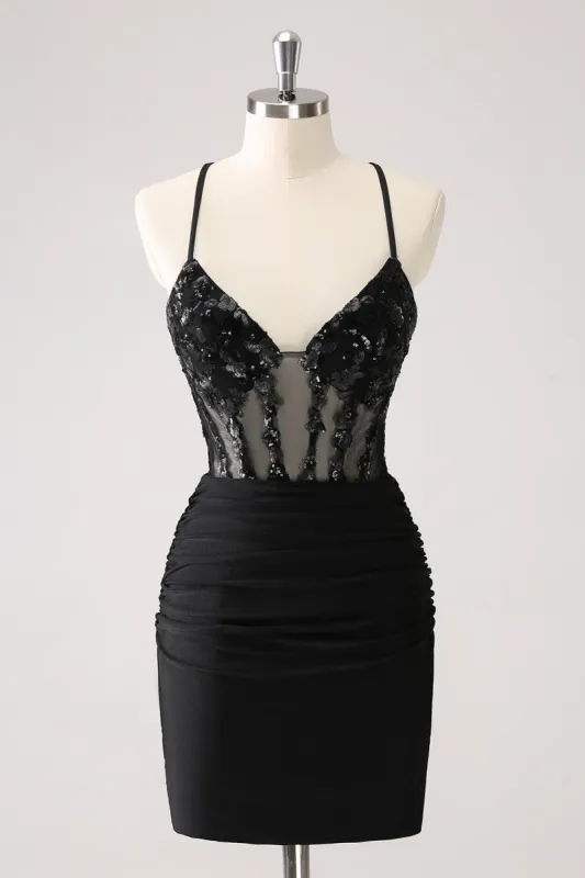 Sparkly Black Bodycon Spaghetti Corset Short Homecoming Dress with Lace Up Back sold by Zapaka