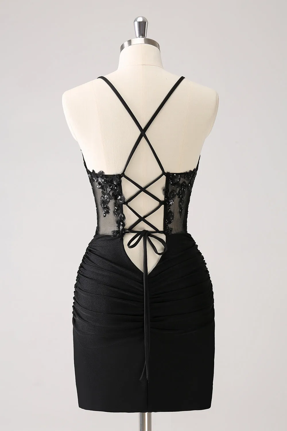 Sparkly Black Bodycon Spaghetti Corset Short Homecoming Dress with Lace Up Back sold by Zapaka product image thumbnail 2