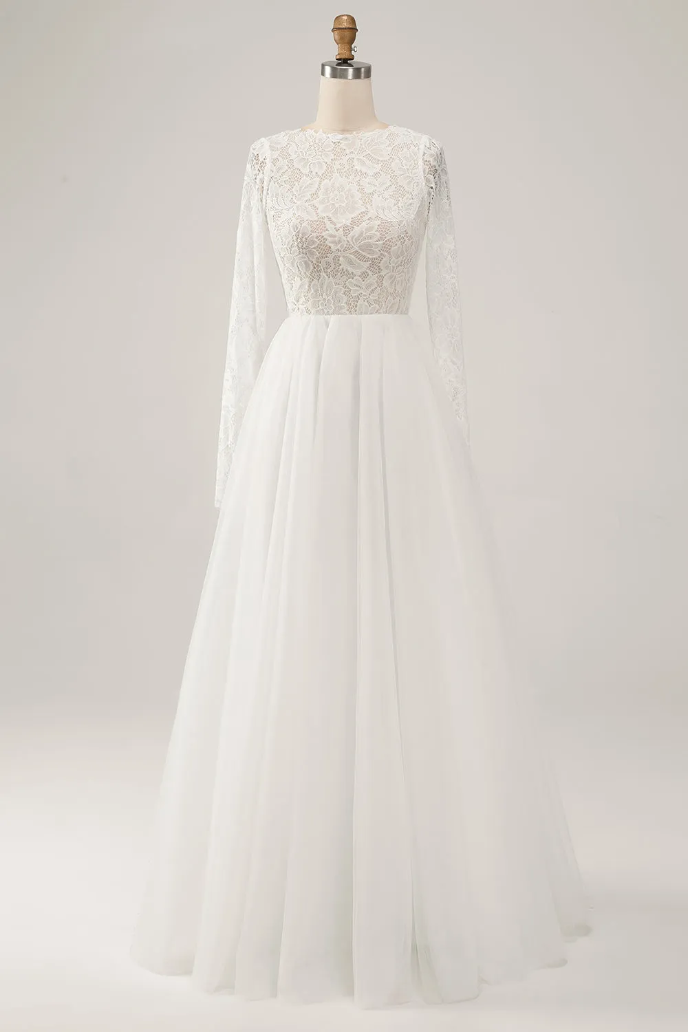 Elegant Ivory A Line Backless Long Sleeves Wedding Dress with Lace sold by Zapaka
