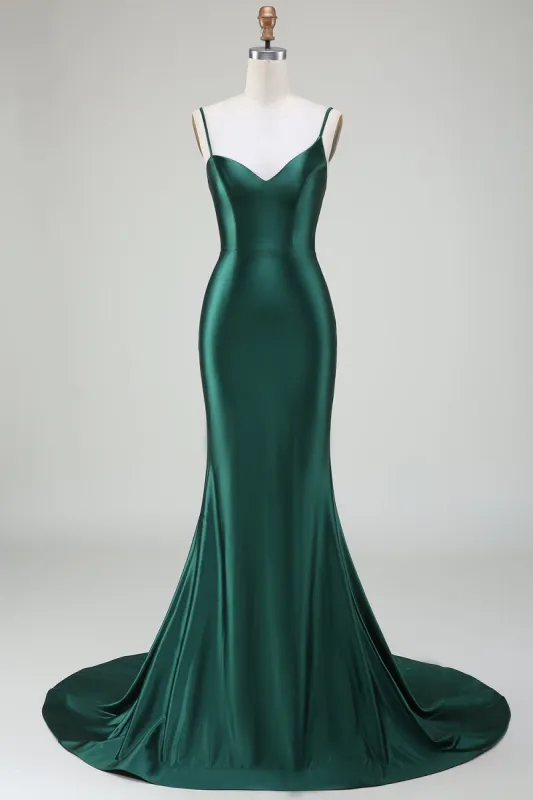 Dark Green Mermaid Spaghetti Straps Sweep Train Prom Dress sold by Zapaka