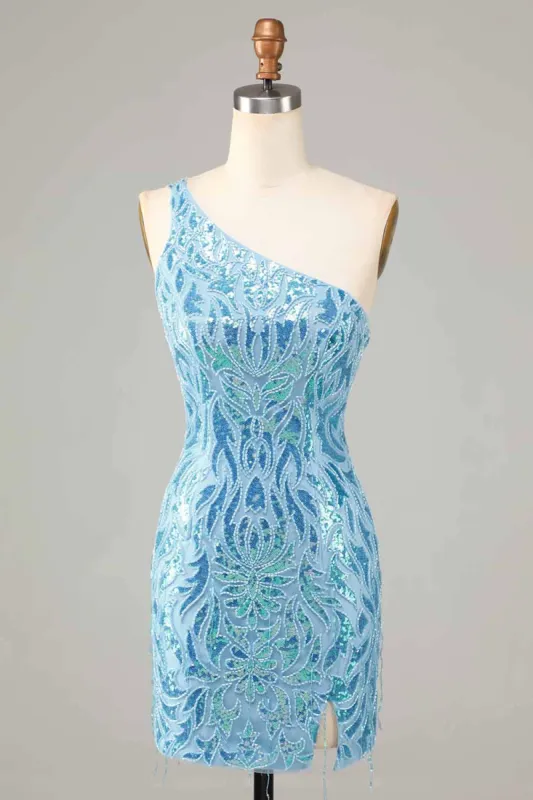 Sheath One Shoulder Blue Sequins Short Homecoming Dress with Tassel sold by Zapaka