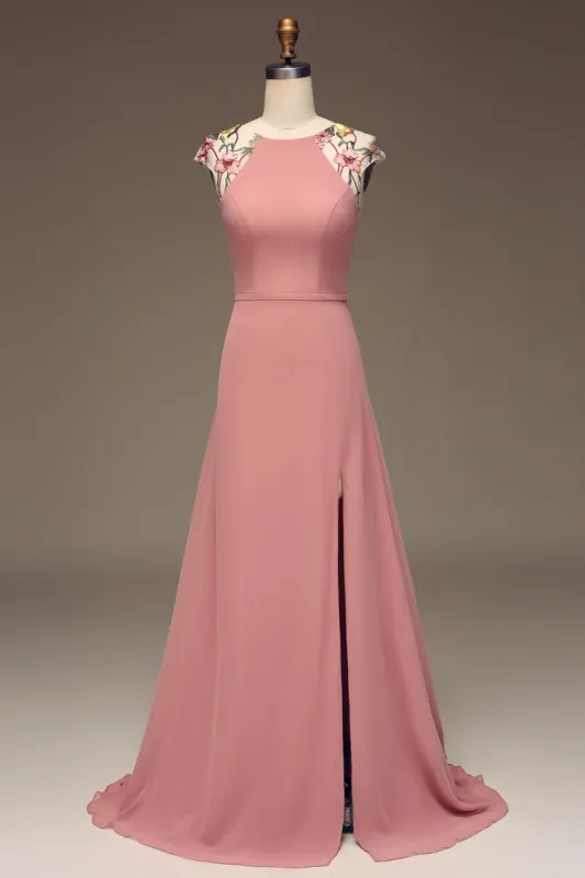 Dusty Rose A-line Chiffon and Embroidery Maxi Bridesmaid Dress sold by Zapaka