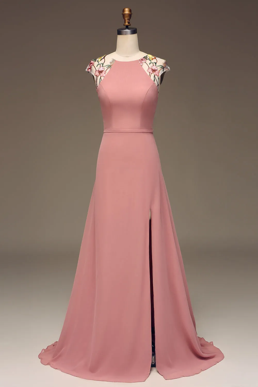 Dusty Rose A-line Chiffon and Embroidery Maxi Bridesmaid Dress sold by Zapaka