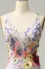 A Line Deep V Neck Lavender Long Prom Dress with Appliques sold by Zapaka