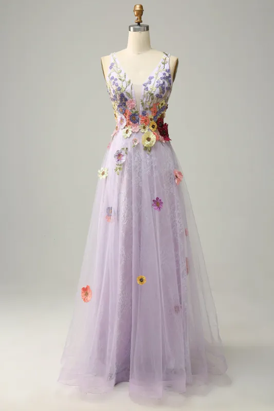 A Line Deep V Neck Lavender Long Prom Dress with Appliques sold by Zapaka