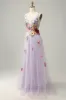A Line Deep V Neck Lavender Long Prom Dress with Appliques sold by Zapaka