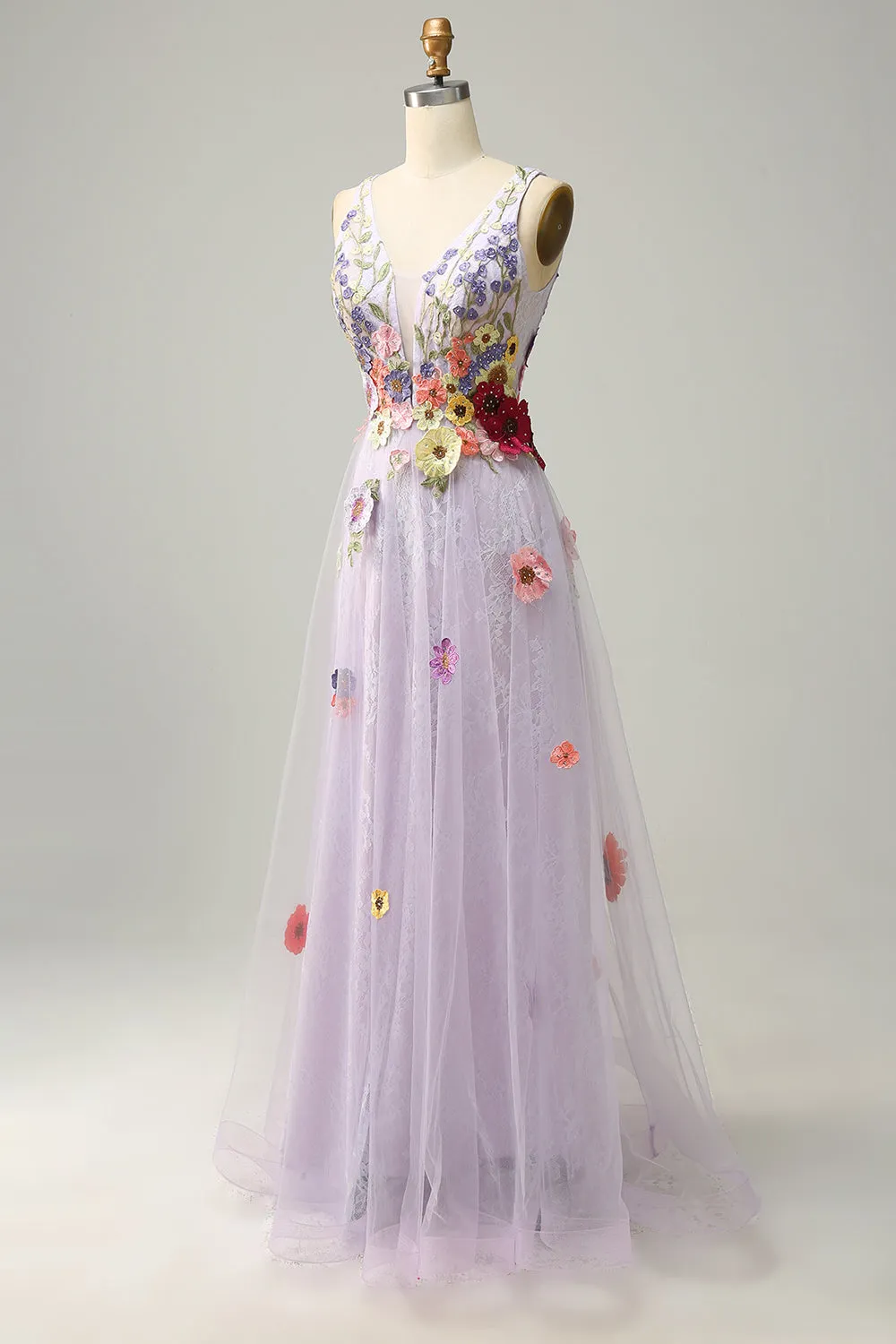 A Line Deep V Neck Lavender Long Prom Dress with Appliques sold by Zapaka product image thumbnail 3