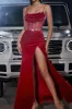 Sparkly Dark Red Spaghetti Straps Corset Prom Dress with Slit sold by Zapaka