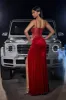 Sparkly Dark Red Spaghetti Straps Corset Prom Dress with Slit sold by Zapaka