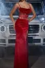 Sparkly Dark Red Spaghetti Straps Corset Prom Dress with Slit sold by Zapaka
