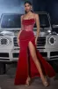 Sparkly Dark Red Spaghetti Straps Corset Prom Dress with Slit sold by Zapaka