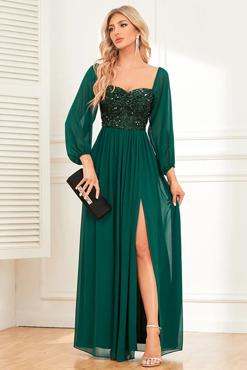 A-Line Dark Green Sequins Prom Dress with Sleeves sold by Zapaka product image thumbnail 5