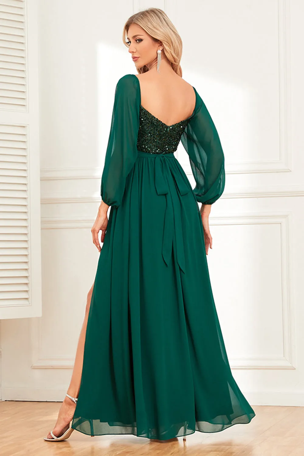 A-Line Dark Green Sequins Prom Dress with Sleeves sold by Zapaka product image thumbnail 2