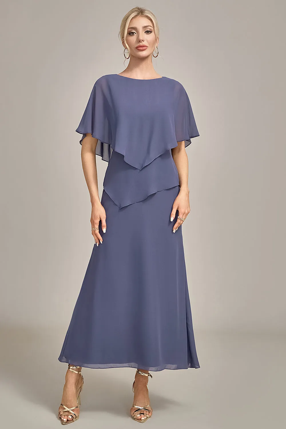 Sheath Scoop Tea-Length Stormy Chiffon Mother of the Bride Dress sold by Zapaka product image thumbnail 4