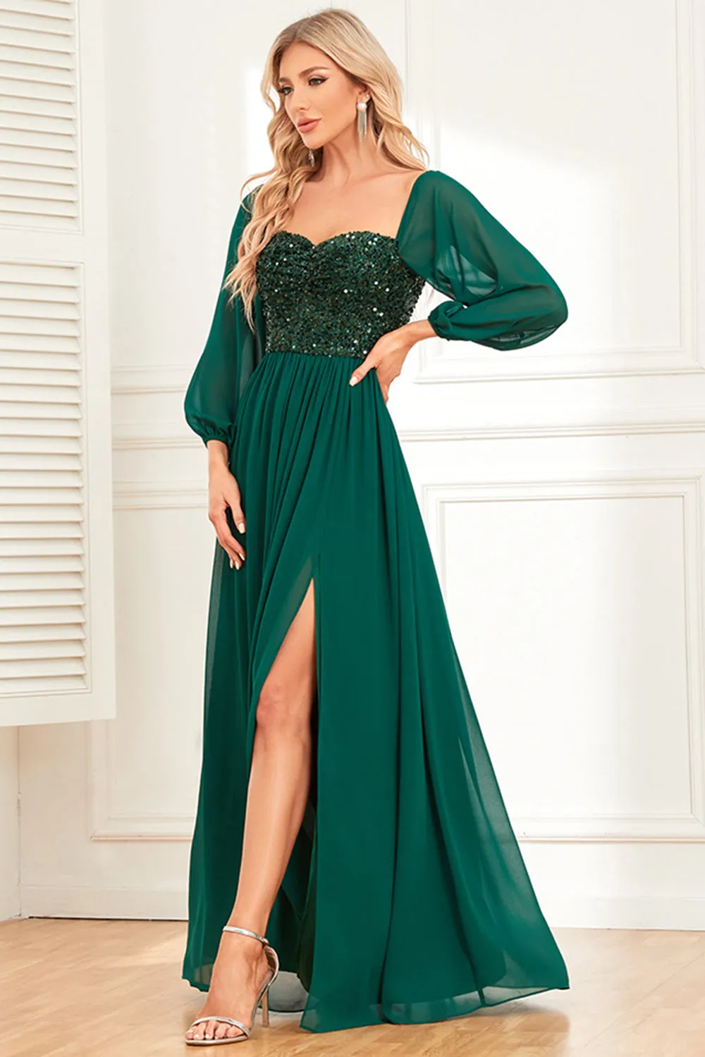 A-Line Dark Green Sequins Prom Dress with Sleeves sold by Zapaka product image thumbnail 3