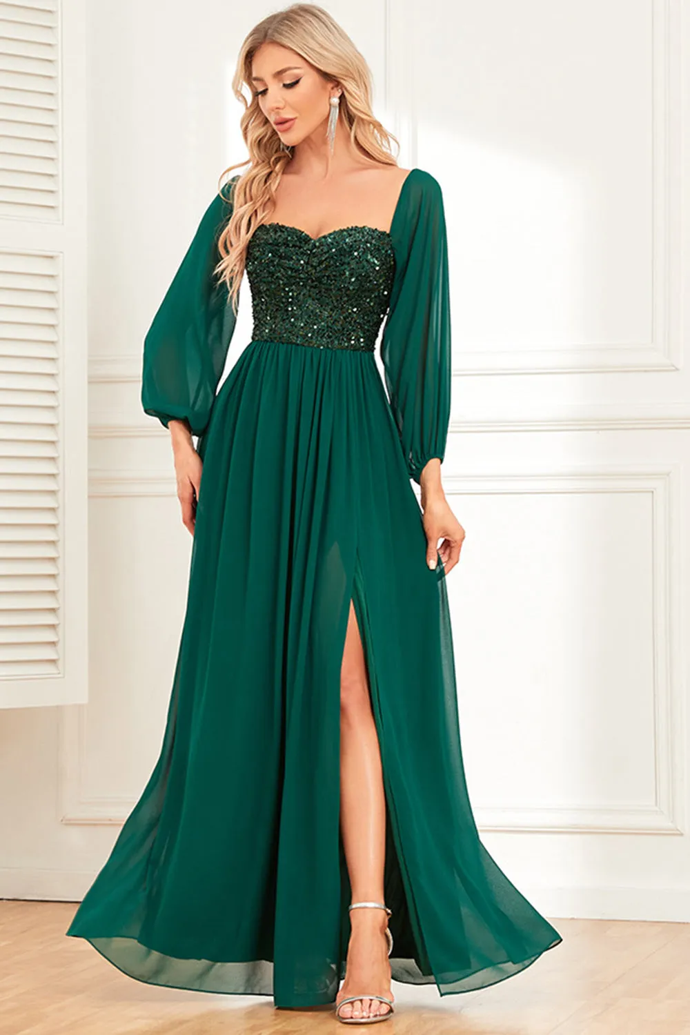A-Line Dark Green Sequins Prom Dress with Sleeves sold by Zapaka product image thumbnail 4