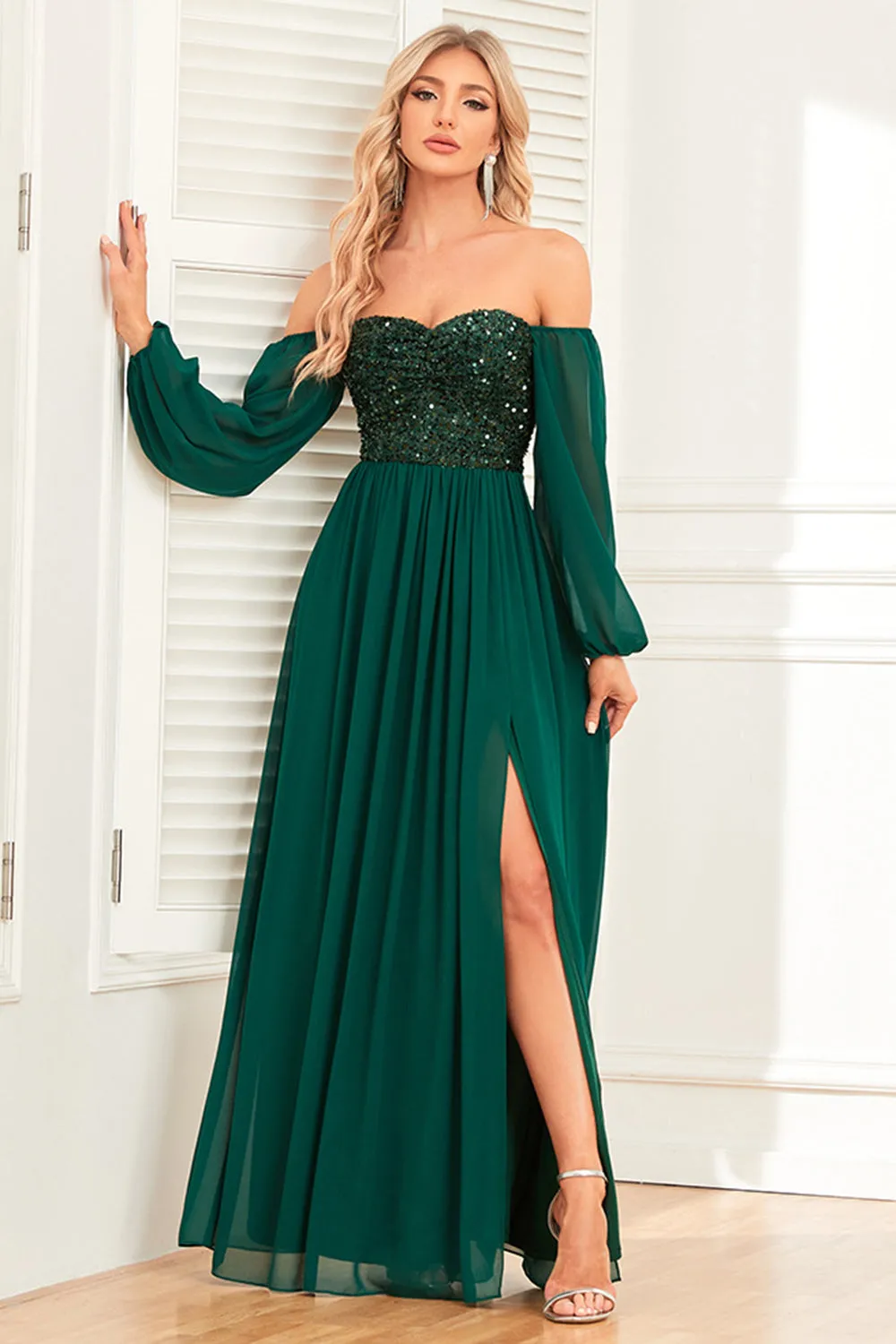 A-Line Dark Green Sequins Prom Dress with Sleeves sold by Zapaka