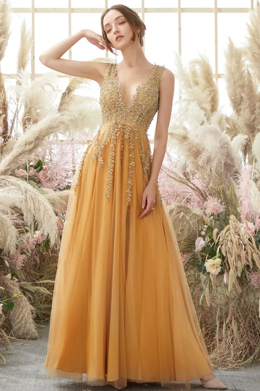 Deep V-neck Long Prom Dress with Appliques sold by Zapaka