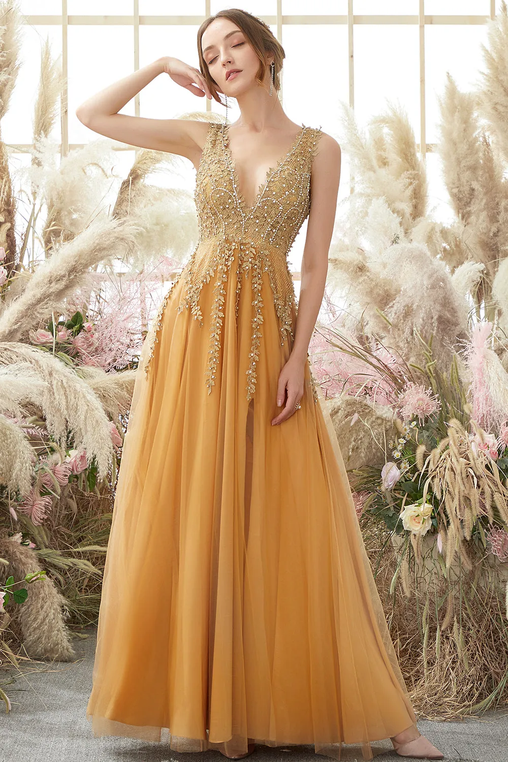 Deep V-neck Long Prom Dress with Appliques sold by Zapaka