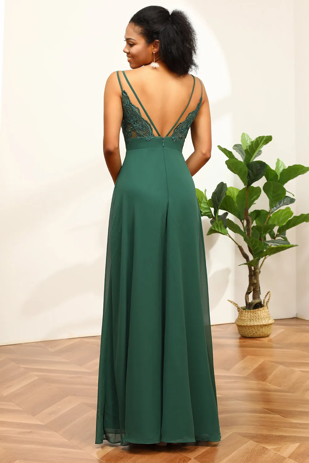Dark Green Spaghetti Straps Bridesmaid Dress With Lace sold by Zapaka product image thumbnail 2