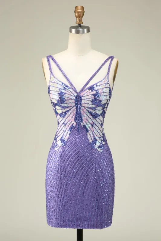 Sheath Spaghetti Straps Purple Sequins Short Homecoming Dress sold by Zapaka