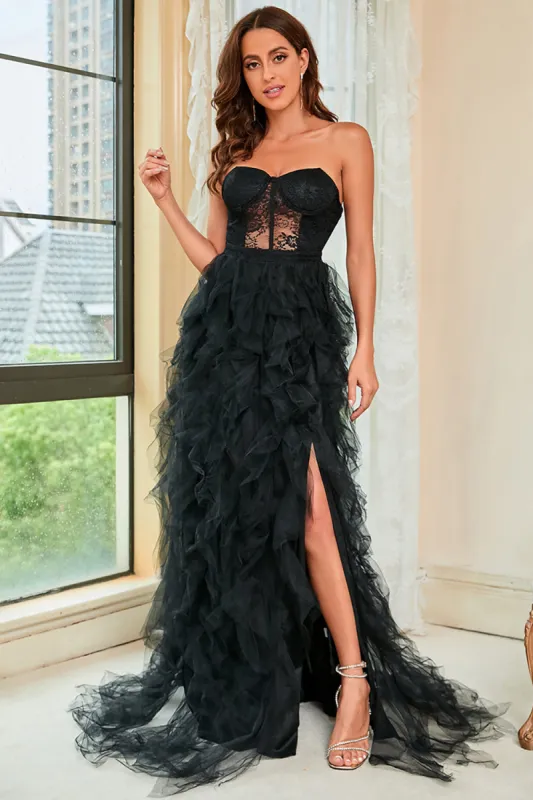 Strapless Black Corset Prom Dress with Slit sold by Zapaka