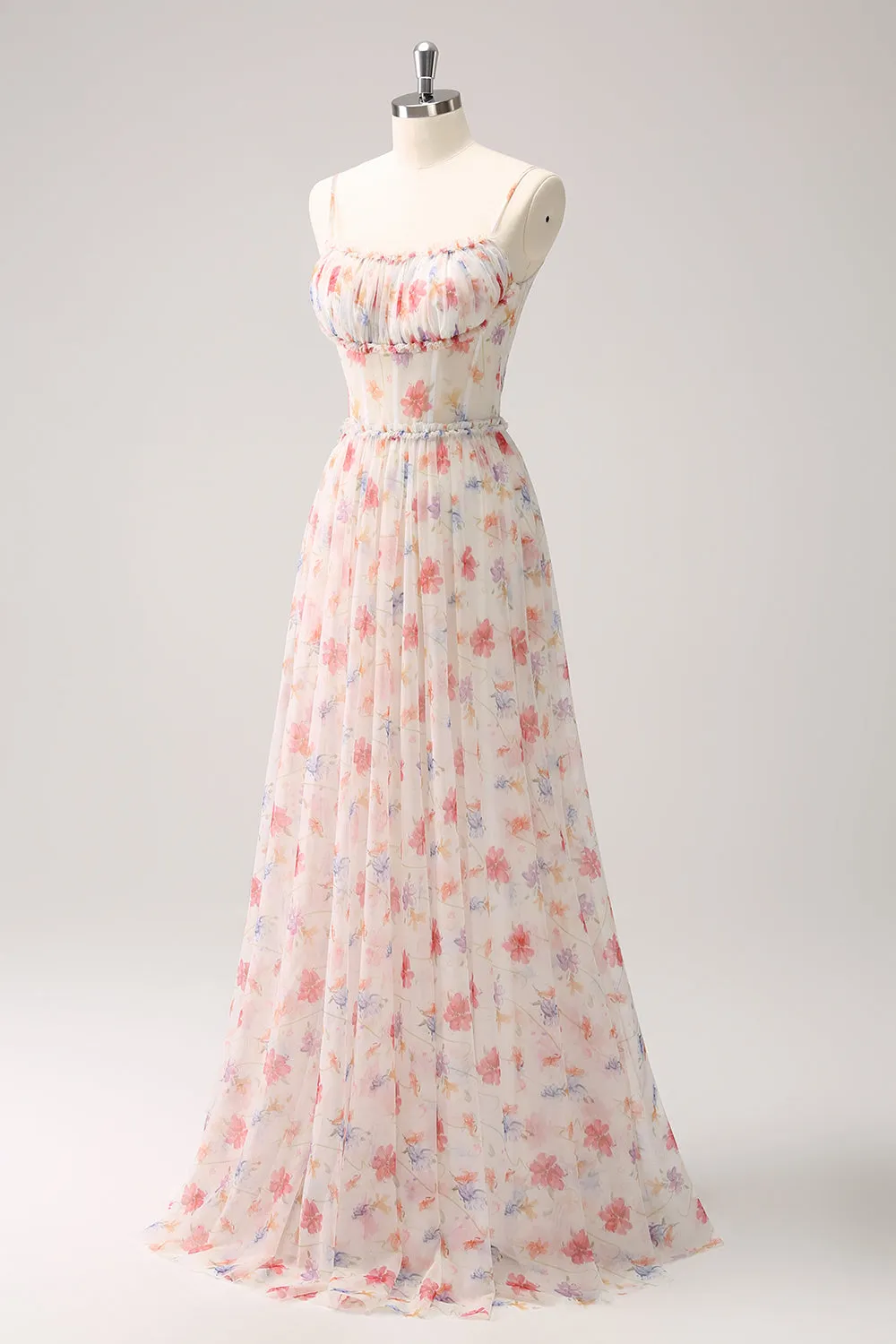 White Red Floral A-Line Spaghetti Straps Long Bridesmaid Dress sold by Zapaka product image thumbnail 3