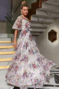 White Printed Puff Sleeves Prom Dress sold by Zapaka