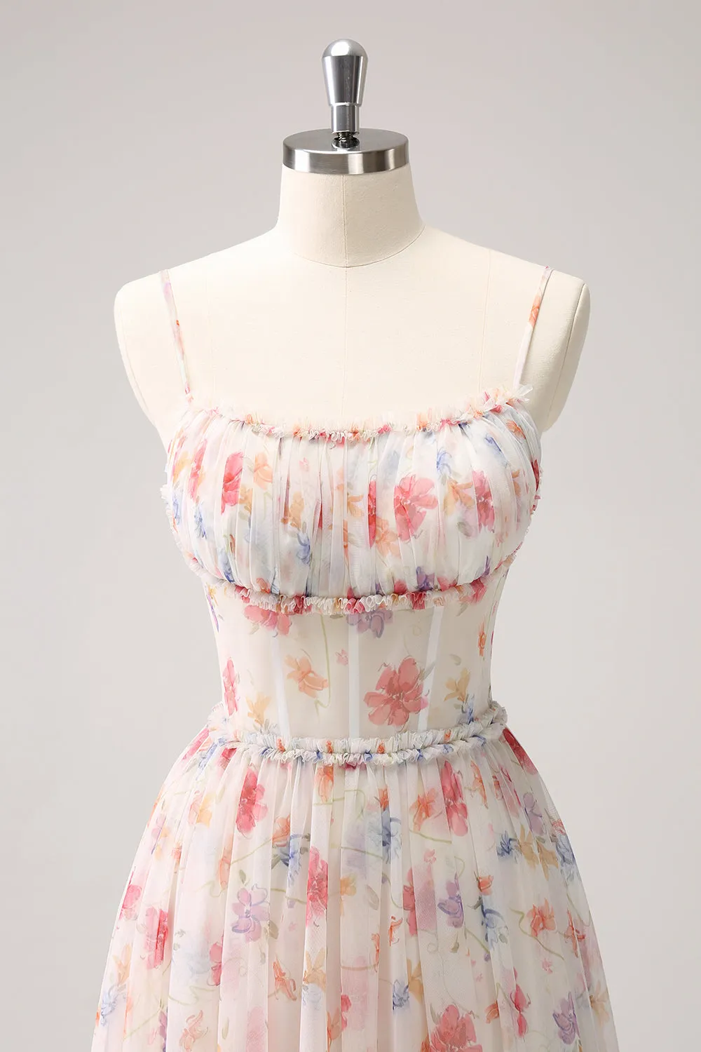 White Red Floral A-Line Spaghetti Straps Long Bridesmaid Dress sold by Zapaka product image thumbnail 4