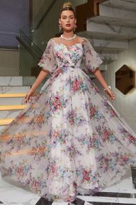 White Printed Puff Sleeves Prom Dress sold by Zapaka