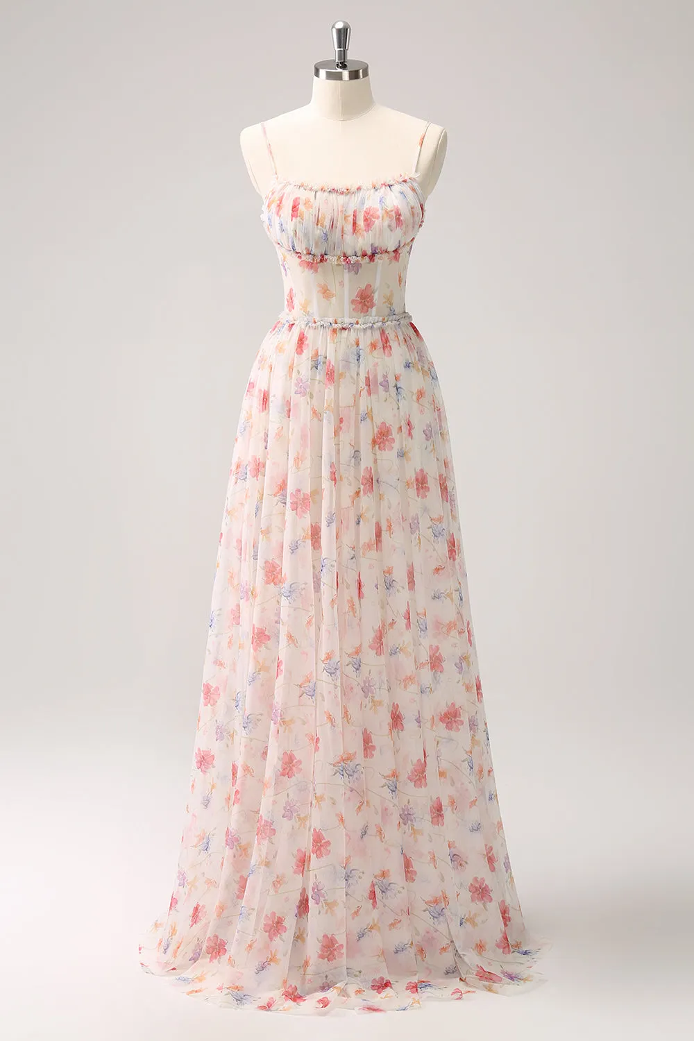 White Red Floral A-Line Spaghetti Straps Long Bridesmaid Dress sold by Zapaka