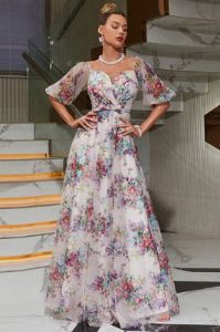 White Printed Puff Sleeves Prom Dress sold by Zapaka