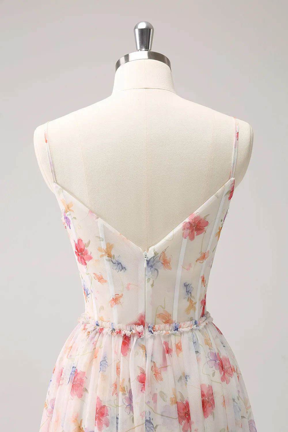 White Red Floral A-Line Spaghetti Straps Long Bridesmaid Dress sold by Zapaka product image thumbnail 5