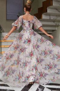 White Printed Puff Sleeves Prom Dress sold by Zapaka