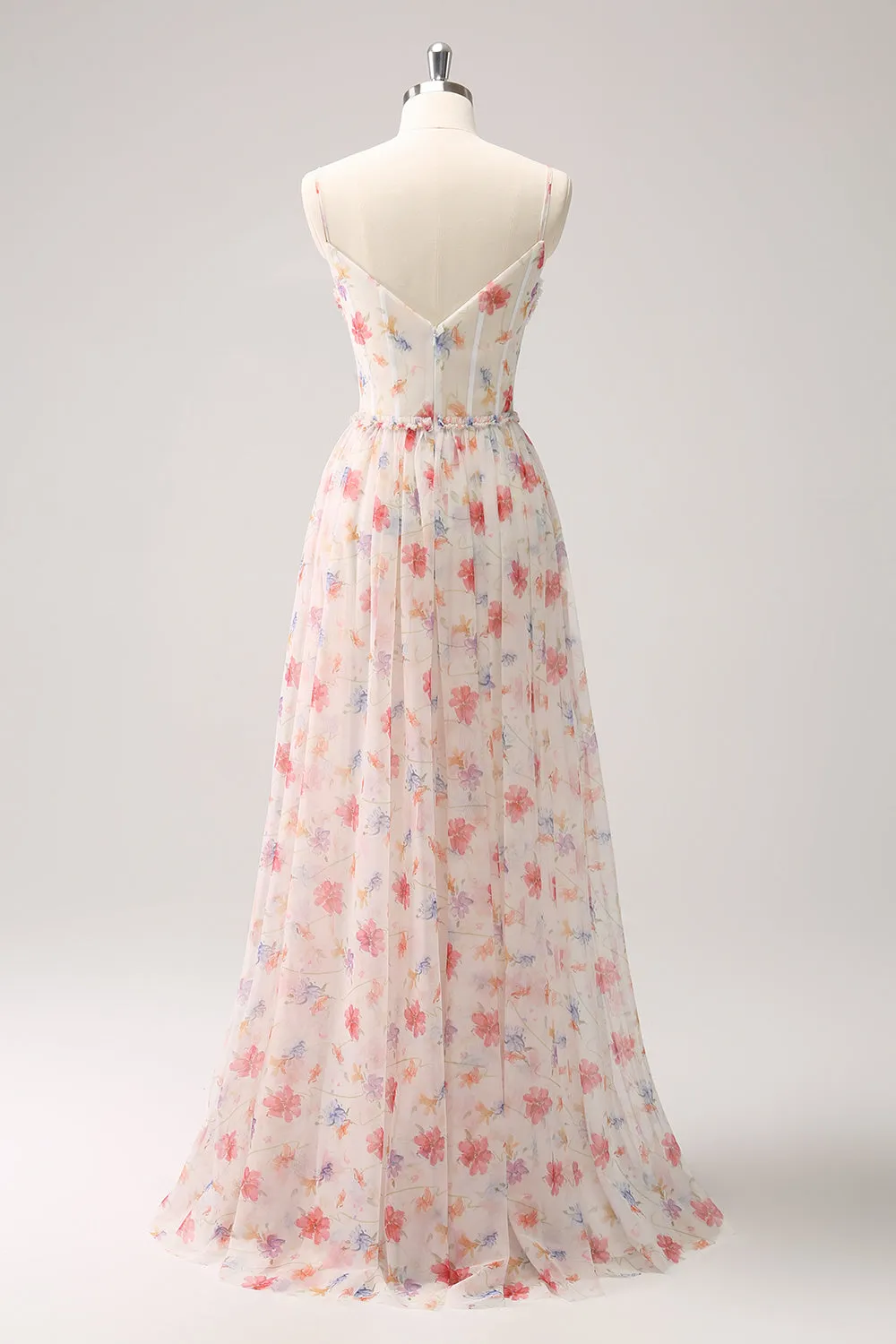 White Red Floral A-Line Spaghetti Straps Long Bridesmaid Dress sold by Zapaka product image thumbnail 2