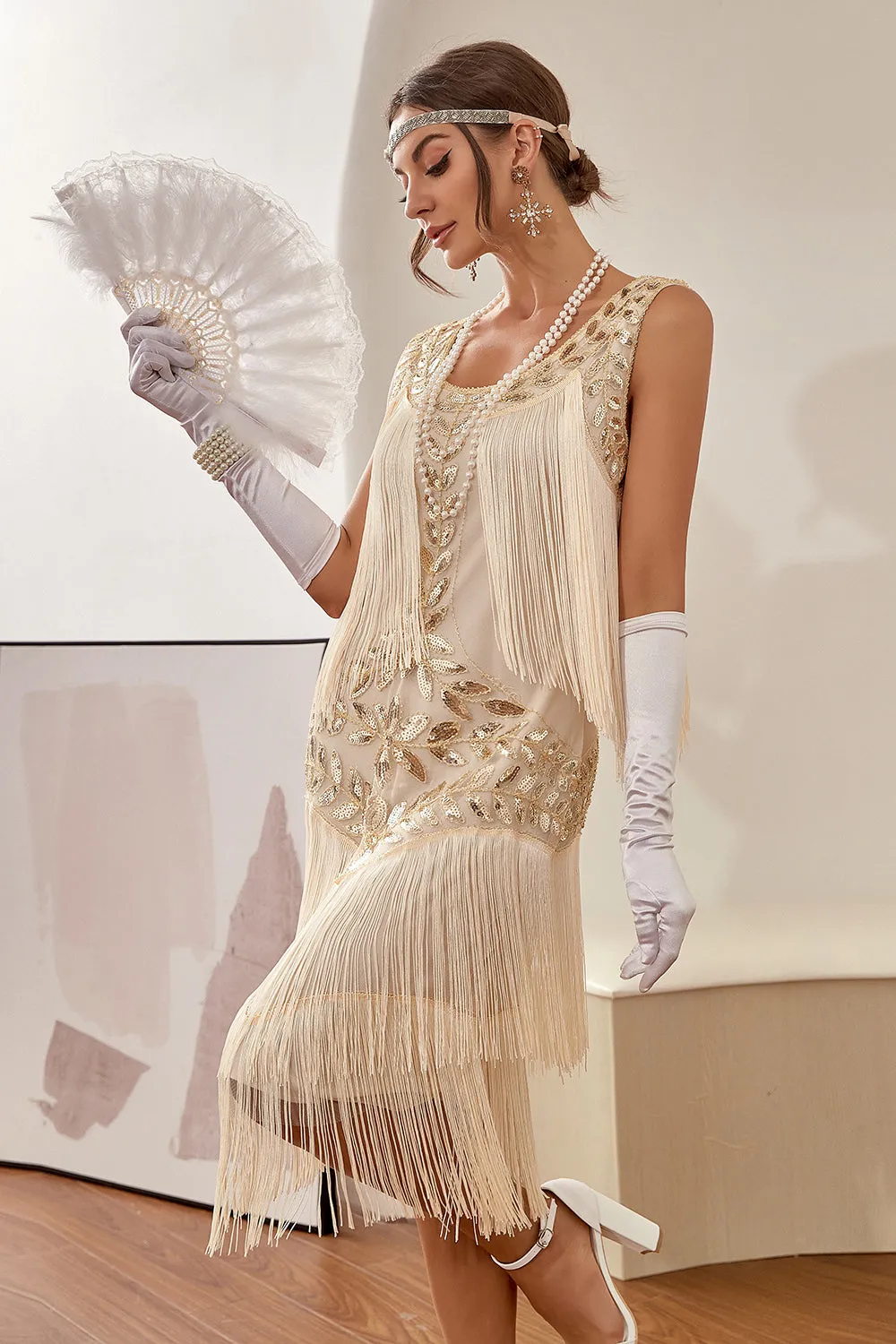 Plus Size Champagne Gatsby 1920s Flapper Dress with Sequins and Fringes sold by Zapaka product image thumbnail 5
