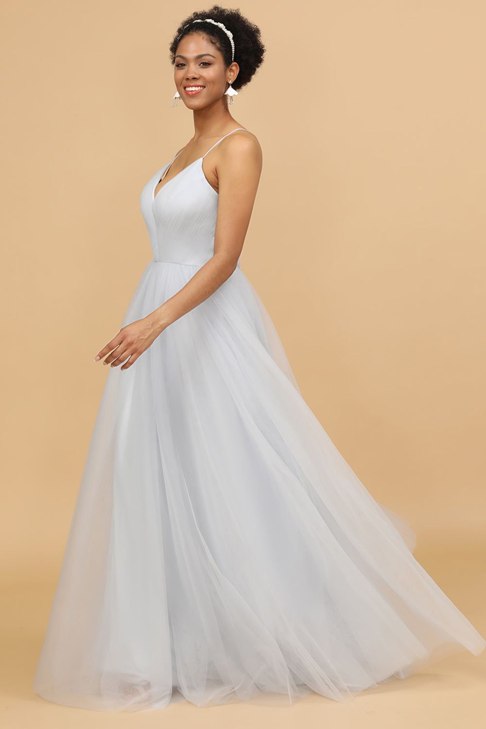 Grey Spaghetti Straps Tulle A-Line Bridesmaid Dress sold by Zapaka product image thumbnail 4