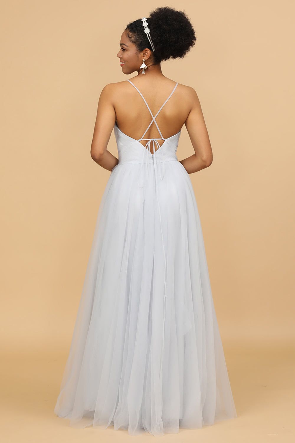 Grey Spaghetti Straps Tulle A-Line Bridesmaid Dress sold by Zapaka product image thumbnail 2