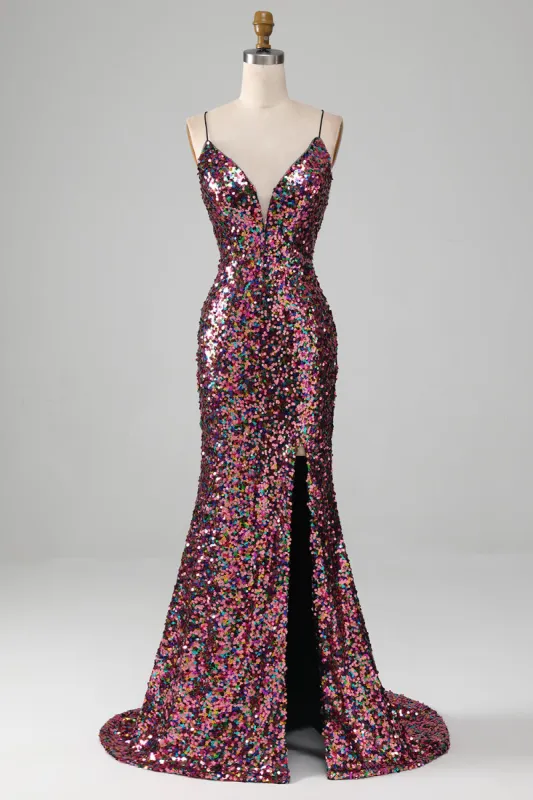 Purple Mermaid Sparkly Prom Dress with Slit sold by Zapaka