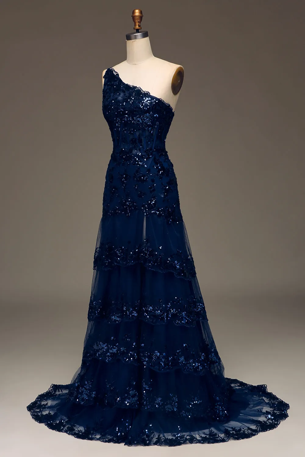 Sparkly Dark Navy Tiered Lace One Shoulder Long Prom Dress with Slit sold by Zapaka product image thumbnail 3
