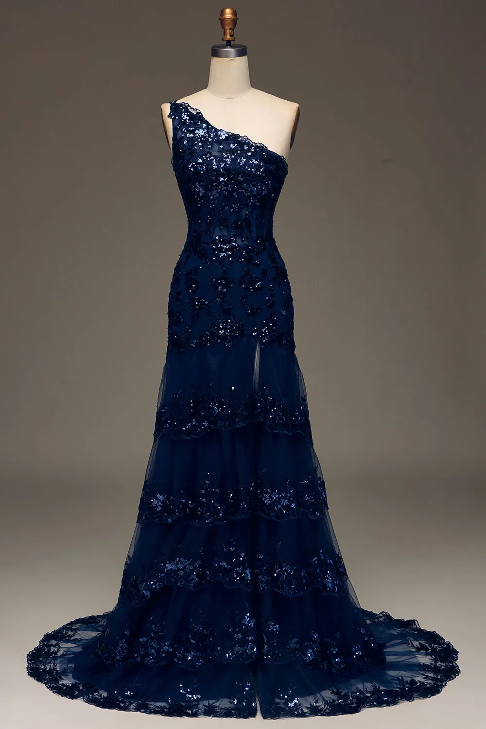 Sparkly Dark Navy Tiered Lace One Shoulder Long Prom Dress with Slit sold by Zapaka