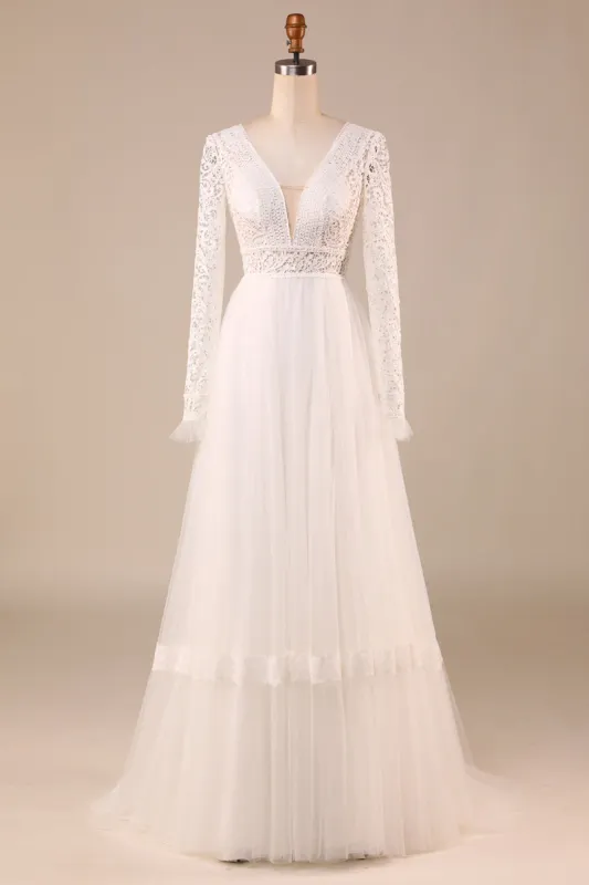 Ivory Long Sleeves Tulle A-Line Wedding Dress with Lace sold by Zapaka