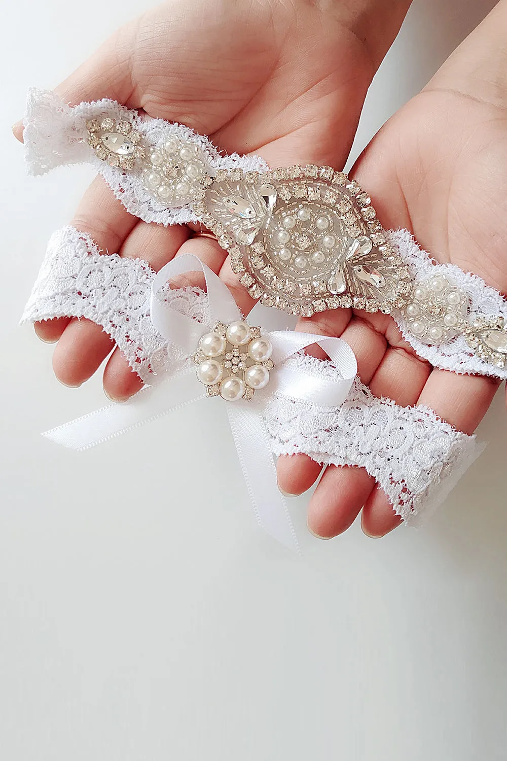 Pearl Rhinestone Lace Bridal Garter Set sold by Zapaka