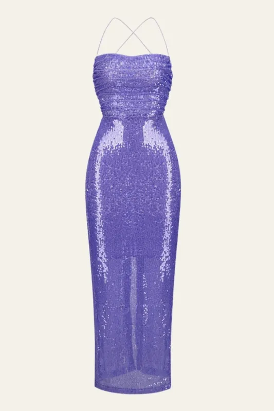 Sequin Backless Purple Strappy Halter-Neck Long Party Dress sold by Zapaka